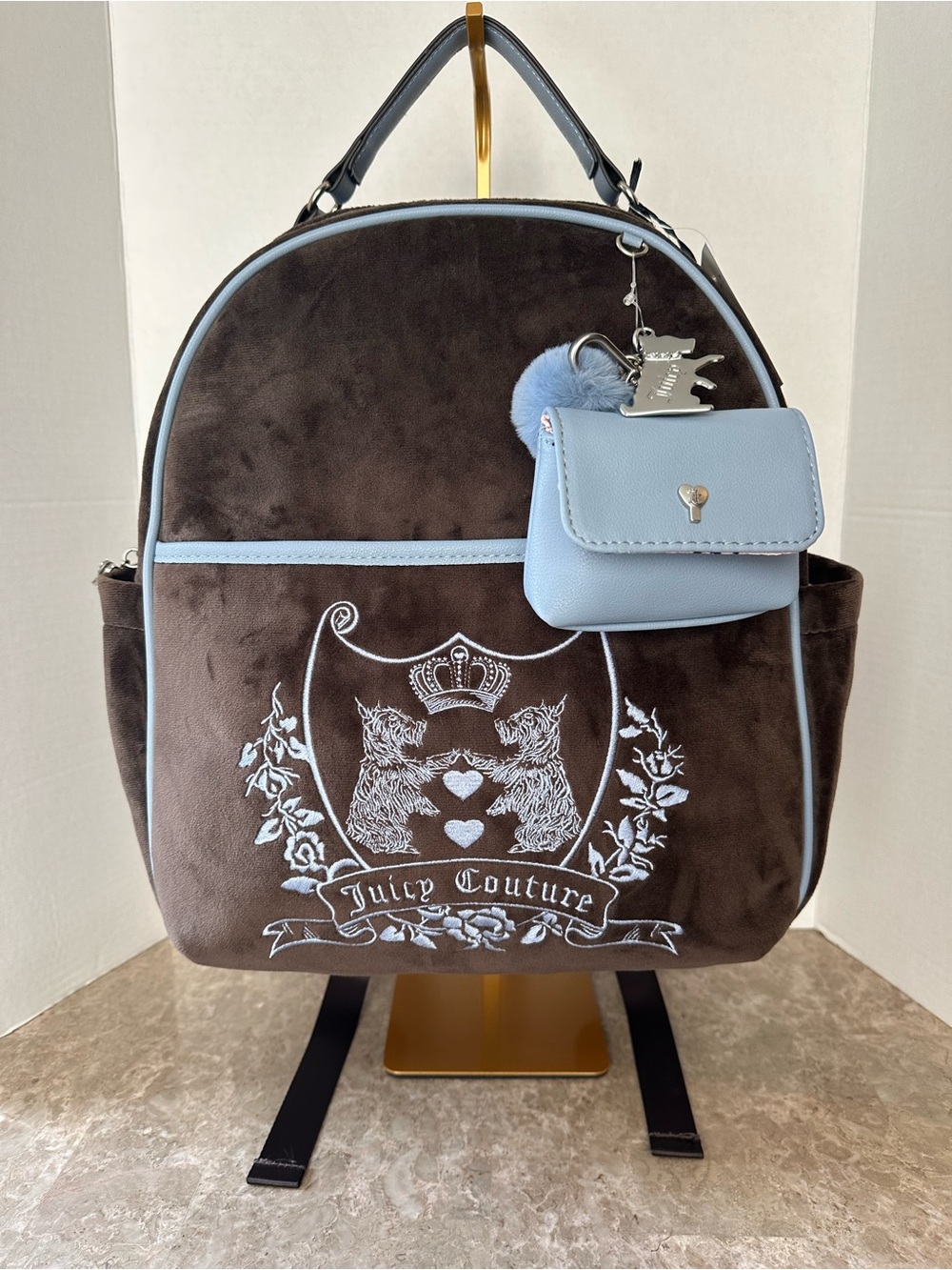 NWT Juicy Couture New Love Chapter Velvet Backpack Brown & Blue Scottie Crest
